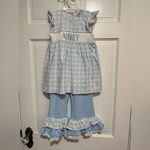 Size 5 “Aubrey” Smocked Pants Shirt Outfit Ruffles Gingham Blue Monogrammed